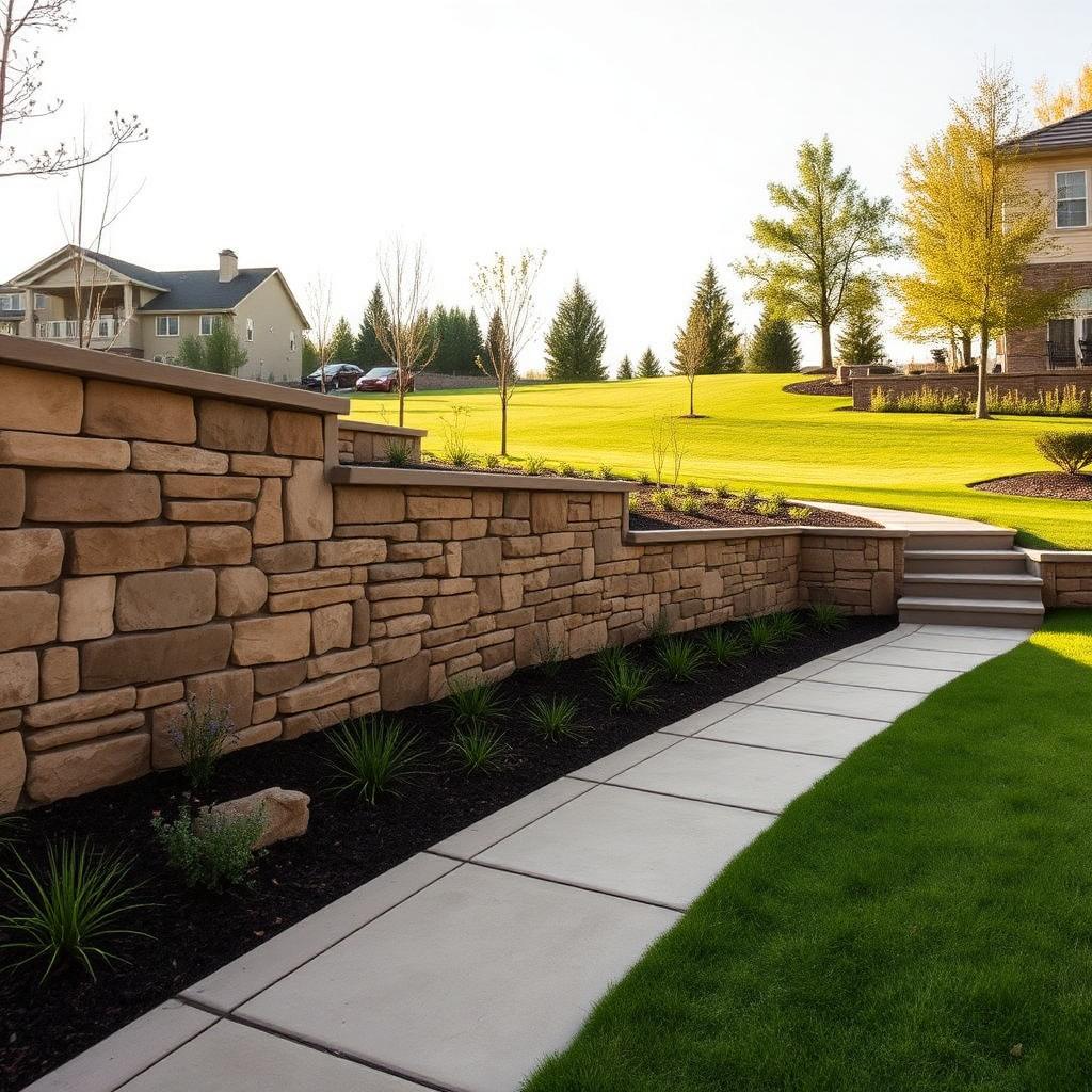 Custom landscape with natural stone retaining wall and concrete steps